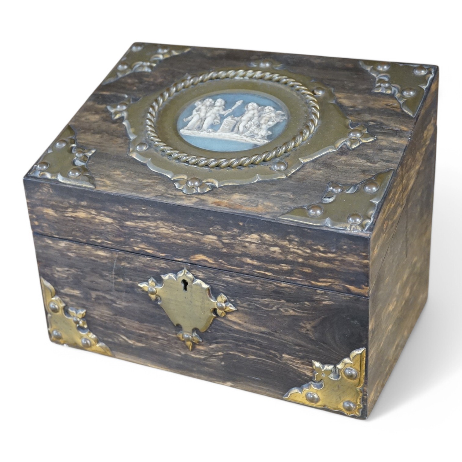 A Victorian brass mounted coromandel stationery box with inset jasper mount, silk lining, 24cm wide. Condition - fair/good